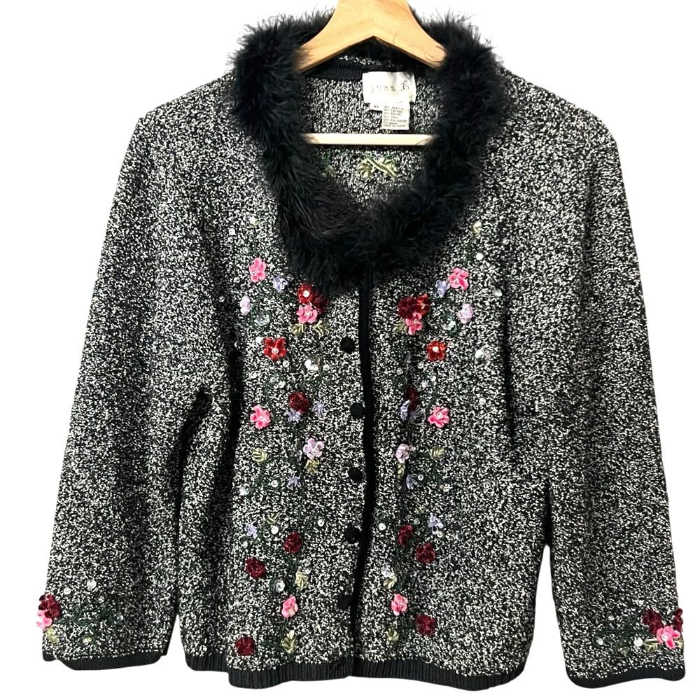 Vintage Y2K Womens Embroidered Cardigan Sweater Size XL Cottagecore Coquette 90s